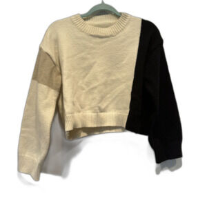 Sweater Tight Thick Knit Pullover Cream Black Color Block Warm Women sz Small